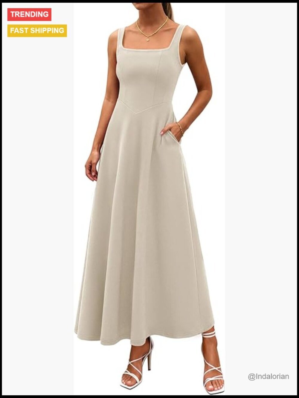 Sleeveless Square Neck Flowy Empire Waist Maxi Dress with Pockets